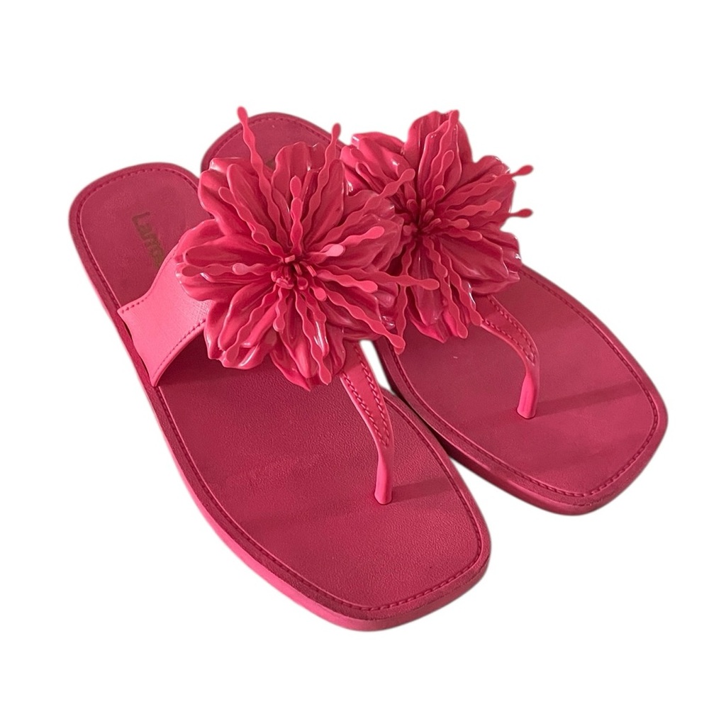 Larroude Women's Hibiscus Pink 3D Dimensional Floral Slip On Sandals Size 8/9